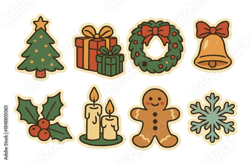 Festive christmas stickers: tree, gifts, wreath, bell, holly, candles, gingerbread man, snowflake