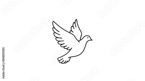 A minimalist black and white line art illustration of a dove in flight. This clean, graceful design symbolizes peace, hope, and freedom. Isolated on a white background.