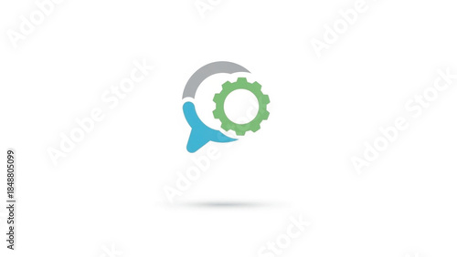 A clean, modern minimalist logo featuring a stylized speech bubble icon integrated with a green mechanical gear. The design uses a professional palette of cyan blue, grey, and lime green.