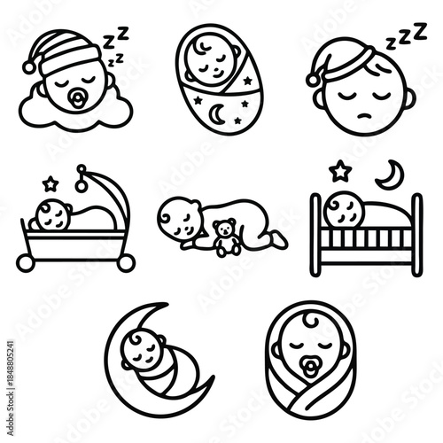 Sleeping Baby and Newborn Care Line Icon Set: Minimalist Vector Illustrations of Infants in Cribs, Swaddles, and on the Moon