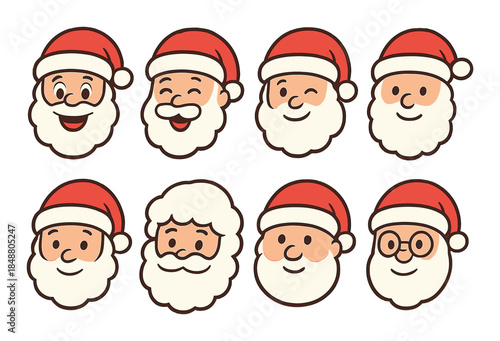 Cartoon santa claus faces with diverse expressions in red santa hats