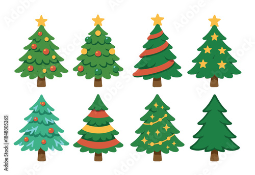 Set of eight festive christmas trees with decorations and star toppers