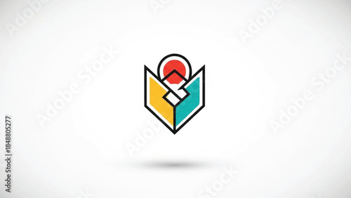 This geometric vector logo features a stylized mountain peak framed by a yellow and teal angular valley. A prominent red sun sits at the top, creating a symmetrical, shield-like emblem. 