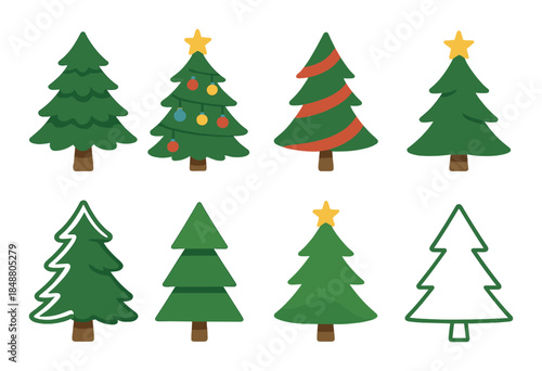 Set of eight stylized christmas trees with decorations and star toppers on green gradient background