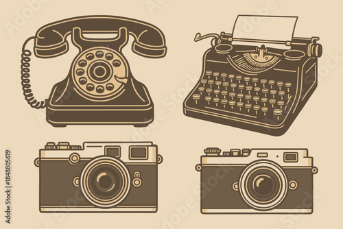 Vintage Retro Technology Icons Set for Communication, Writing and Photography, Nostalgic Equipment Collection, vector illustration