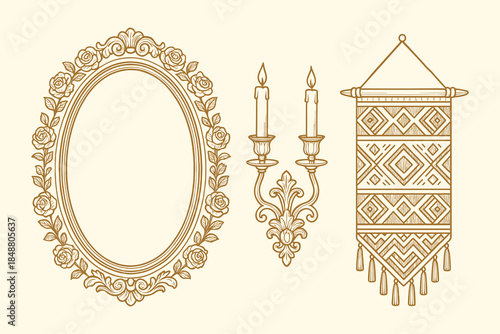 Vintage Decorative Home Decor Elements Set for Interior Design, Classic Wall Art and Elegant Branding, Antique Ornament Collection, vector illustration