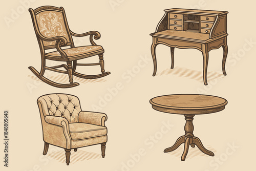 Vintage Antique Furniture Illustration Set for Interior Design, Home Decor and Classic Style Branding, Elegant Old World Furnishings, vector illustration