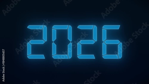 Video animation of an LED display in blue with the continuous years 2020 to 2026 over dark background - represents the new year 2026 - vacation concept.