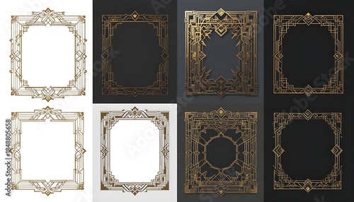  Set of elegant Art Deco vintage frames and border ornaments, geometric and symmetrical designs, gold and metallic accents, intricate line work, classic 1920s–1930s style, luxurious and decorative, is