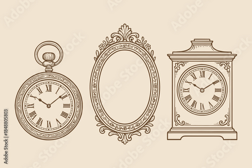Vintage Pocket Watch, Mirror, and Ornate Wall Clock Design