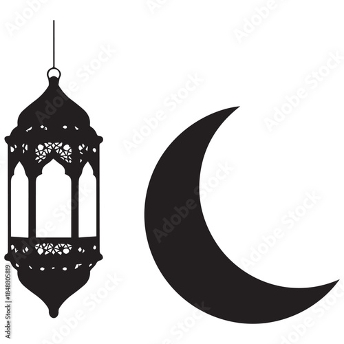 Elegant islamic lantern and crescent moon silhouette design for ramadan kareem greeting