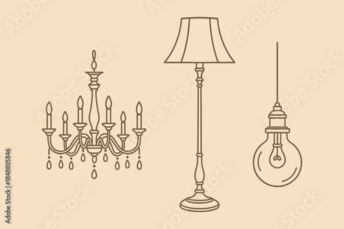 Vintage Chandelier, Floor Lamp, and Hanging Light Bulb