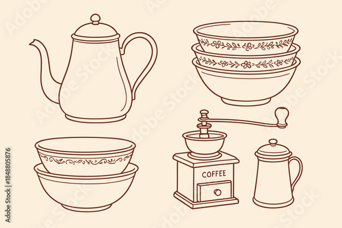 Vintage Coffee Grinder, Teapot, and Bowls