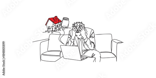 Illustrator vector single continuous line drawing of a desperate businessman with laptop thinking about broken house and empty jar, foreclosure, economic crisis, and financial ruin.