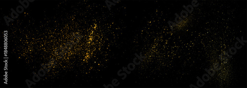 Sparkling Christmas background. Gold glitter texture on black background. Wide vector sparkling stardust banner. Golden dust wide horizontal bg. Magical shiny abstract holiday season confetti backdrop