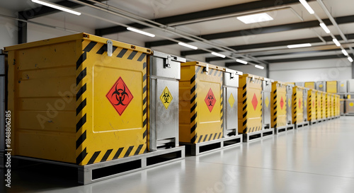 Long row of yellow and silver hazardous waste containers with biohazard and radioactive symbols in a warehouse. Storage of dangerous materials in industrial facility.