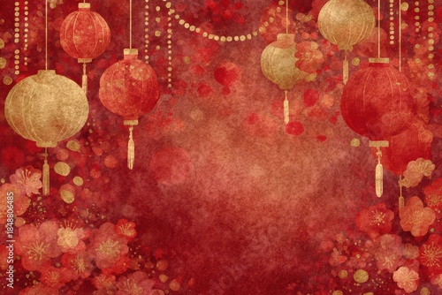 Festive red and gold illustration of lanterns and decorative patterns for Lunar New Year background
