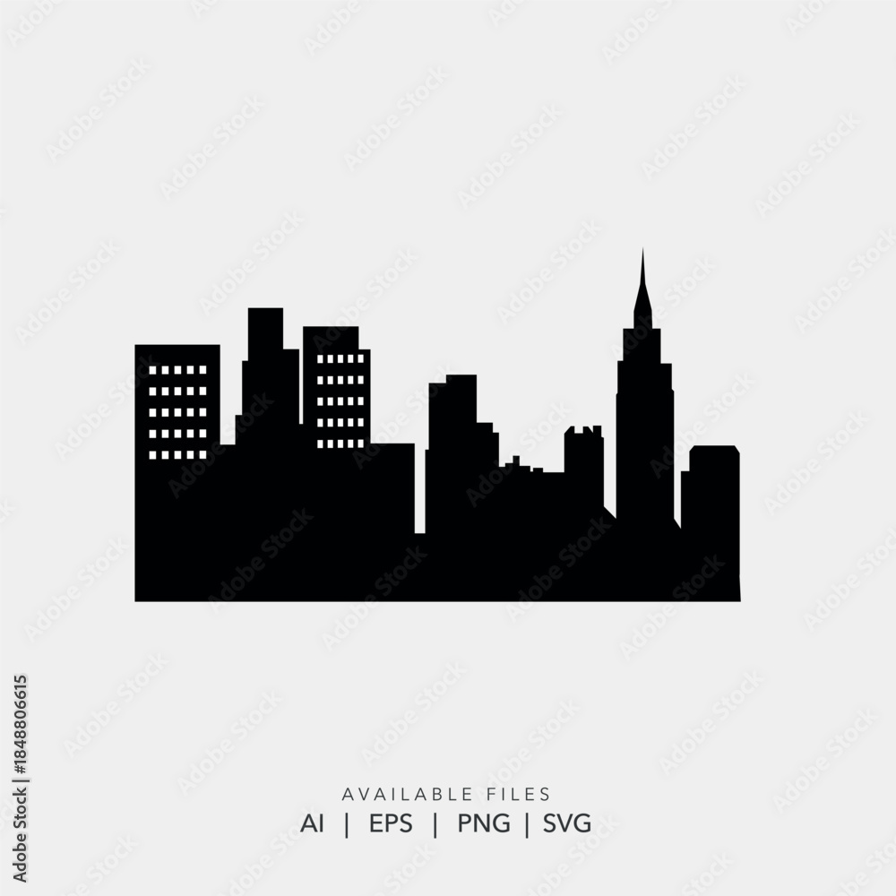 Obraz premium Modern City Skyline Silhouette Vector Illustration for Real Estate Logo, Urban Metropolis Cityscape Panorama