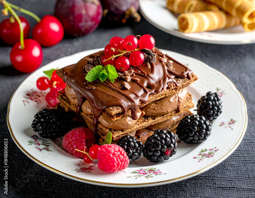 Eine köstliche Mille-Feuille aus knusprigem dunklem Blätterteig auf einem nostalgischen Dessertteller mit flüssiger Schokolade überzogen und mit dunkler Schokoladenmousse gefüllt
