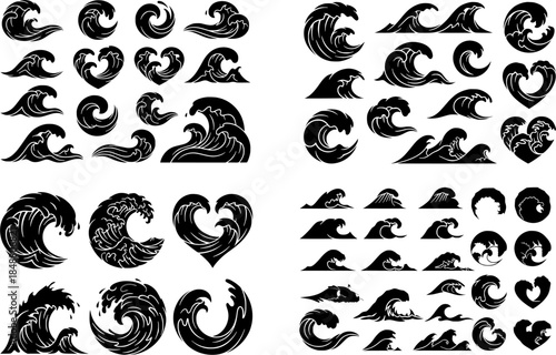 Ocean Wave silhouette Collection. Containing Sea, Water, Surf, Curl, Splash and More.