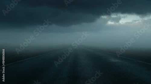 Dark foggy road stretching into distance under ominous clouds. Scene captures the essence of mystery and contemplation, suitable for themes related to solitude, journeys, and the unknown.