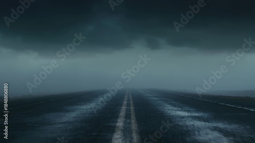 Empty road stretching into the fog under dark stormy clouds. This image conveys themes of solitude, uncertainty, and nature's power, making it suitable for discussions on travel, weather,