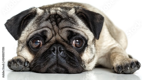 Cute pug dog laid on the floor isolated on the white background 