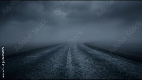 Empty road disappearing into dark fog, creates a mysterious atmosphere that evokes feelings of isolation and uncertainty. Ideal for articles on travel, weather, or psychological themes.