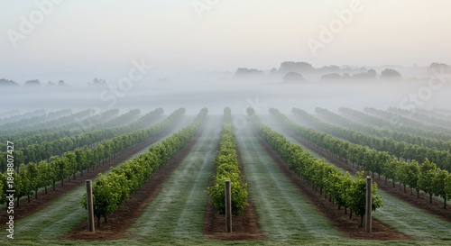 Misty Vineyard Rows at Sunrise