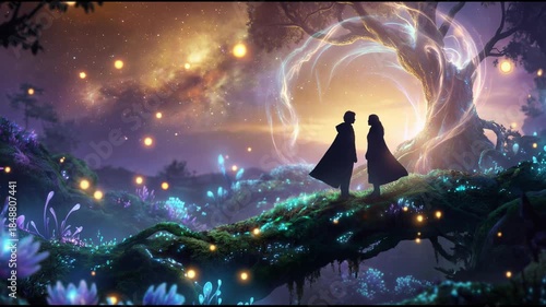 Two figures standing on a mystical path illuminated by glowing lights, surrounded by enchanting plants and ethereal scenery. Concept of fantasy adventure, dreams, and magical realms.