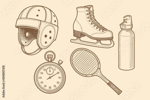 Vintage Sports Gear, Equipment Icons for Fitness, Sports Brands, and Athletic Merchandise