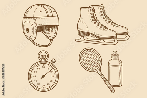 Vintage Sports Equipment, Hand-drawn Icons for Fitness, Active Lifestyle, and Sports Merchandise
