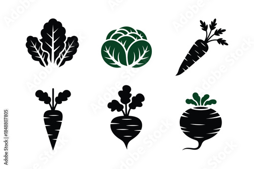 Set of simple black silhouette icons featuring various vegetables like carrots, cabbage, and beetroots, ideal for healthy eating concepts.