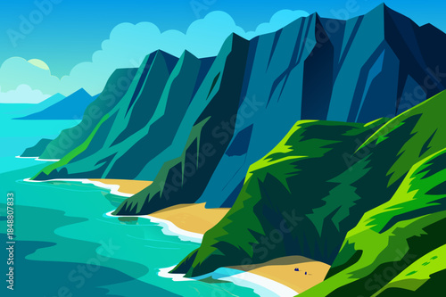 Tropical island with lush green mountains and sandy beaches