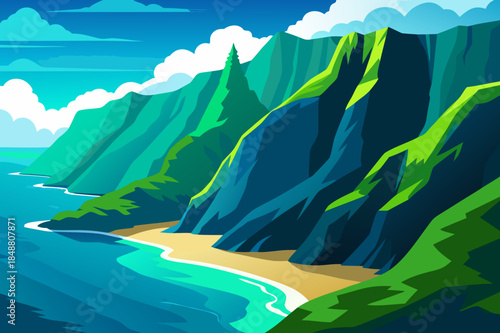 Dramatic tropical landscape with lush green mountains and sandy beach