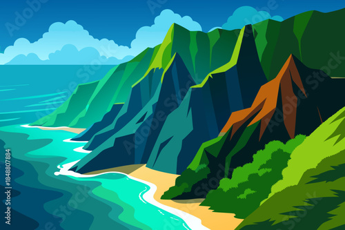 Tropical mountainous coastline with sandy beach and turquoise waters