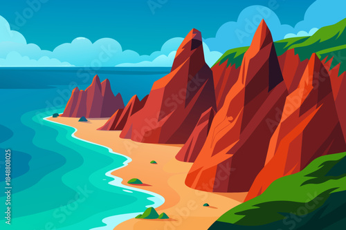 Serene beach with red rock formations and lush green hills