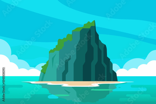 Cartoon illustration of a green rocky island in the ocean