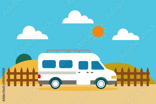 Retro camper van parked by a wooden fence on a sunny day