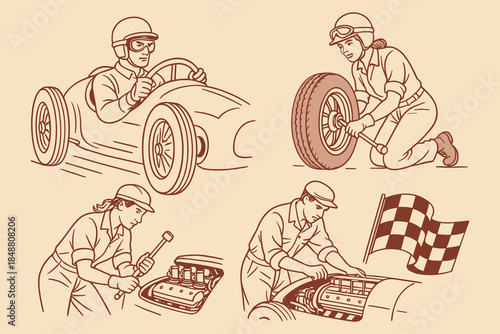 Vintage racing team with American driver and mechanics working on car for motorsport, speedway and automotive service design. Vector illustration.