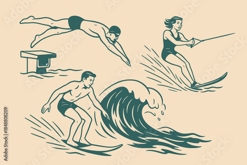 Vintage water sports illustration with American athletes surfing, diving and waterskiing for summer activity, fitness and beach design. Vector illustration.