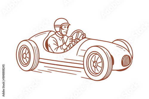 Vintage race car with American driver in motion for motorsport, automotive design and retro racing promotion. Vector illustration.