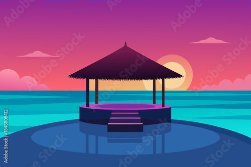 Tropical gazebo over ocean water at sunset with vibrant colors