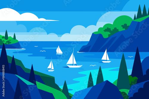 Stylized coastal landscape with sailboats and dramatic mountain cliffs