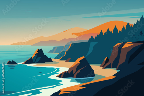 Stylized coastal landscape with mountains and ocean waves at sunset