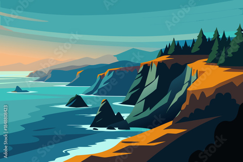 Dramatic coastal landscape with mountains and rocky outcrops at sunset