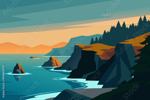 Stylized coastal landscape with mountains and dramatic sunset colors