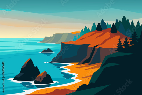 Dramatic coastal landscape with cliffs and ocean waves illustration