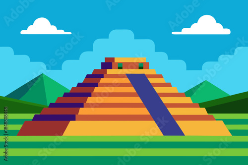 Ancient mayan pyramid temple illustration with mountains and blue sky