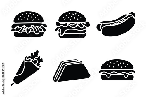 Fast food icons in black silhouette, showcasing burgers, hot dog, taco, and wrap for a modern culinary and cafe theme.